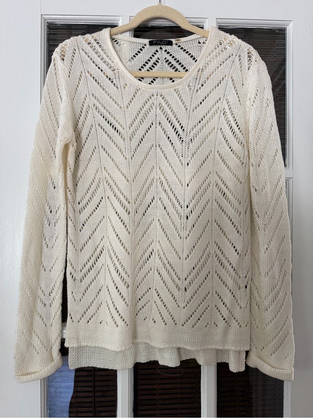 Fylo Women’s S Cream Open Knit Side Slit Long Sleeve Sweater | SKU 0244